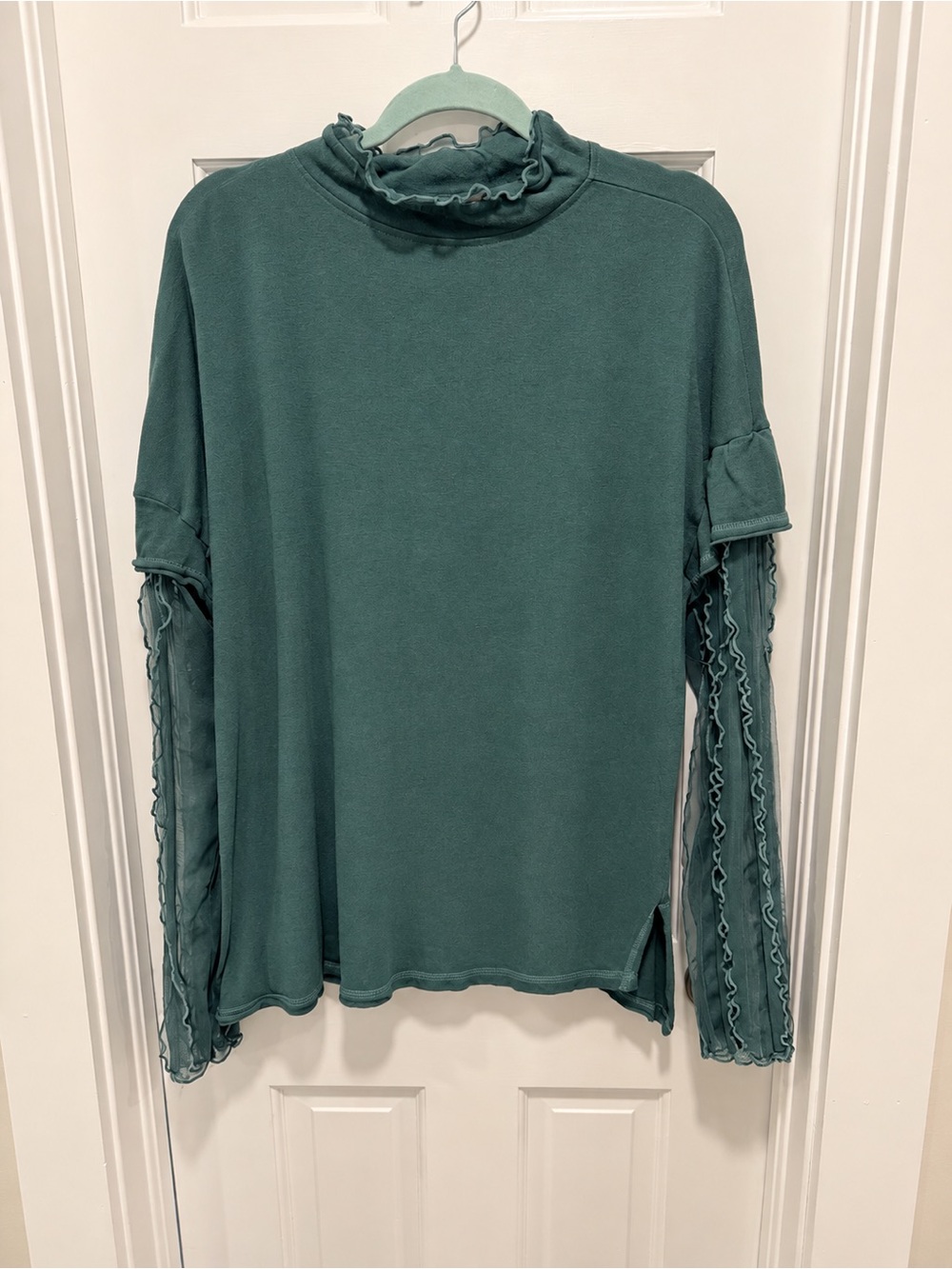 Free People Ruffle Trim Mock Neck Long Sleeve Top - Teal Green